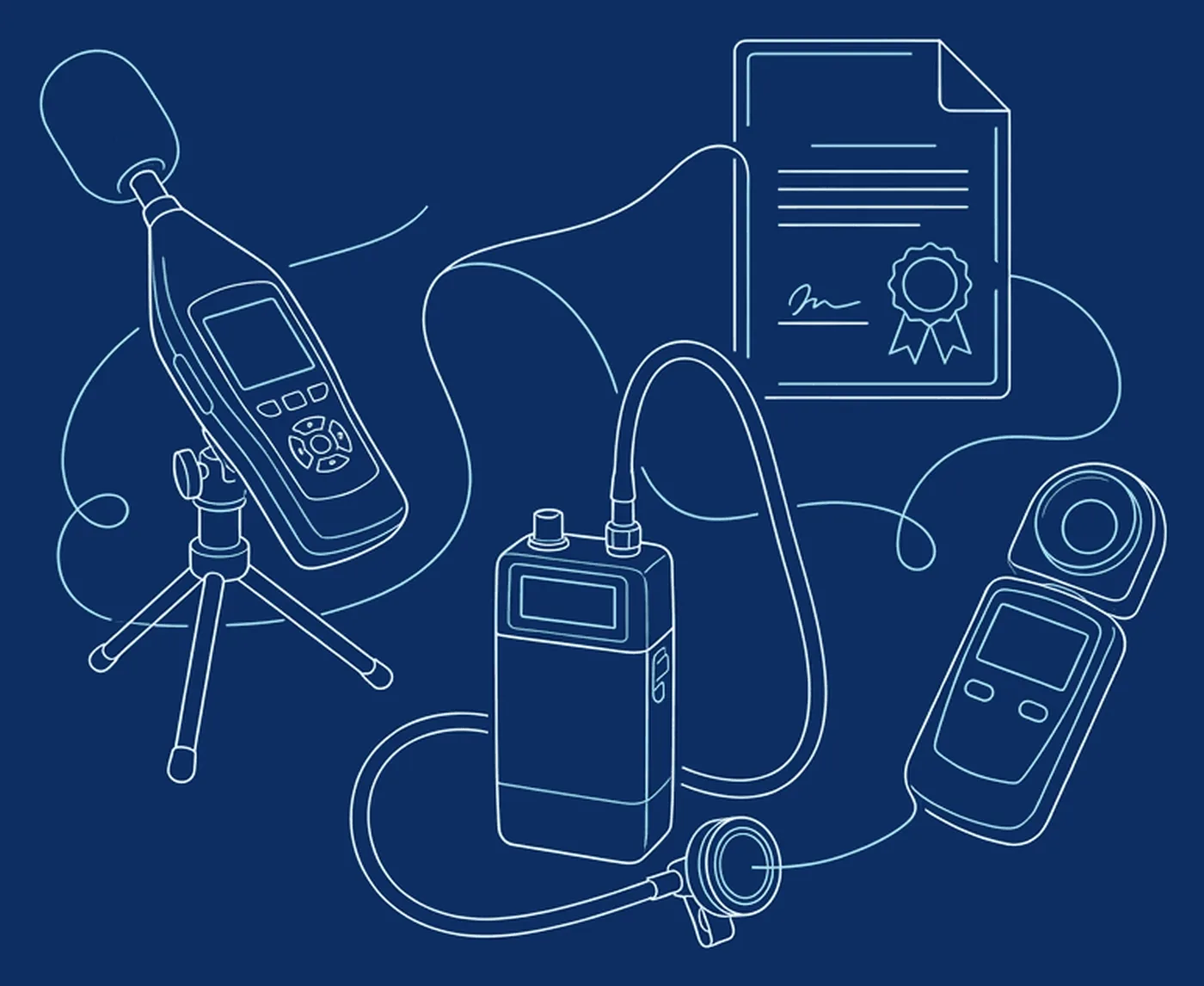 Occupational hygiene inspection instruments drawn as connected line diagrams