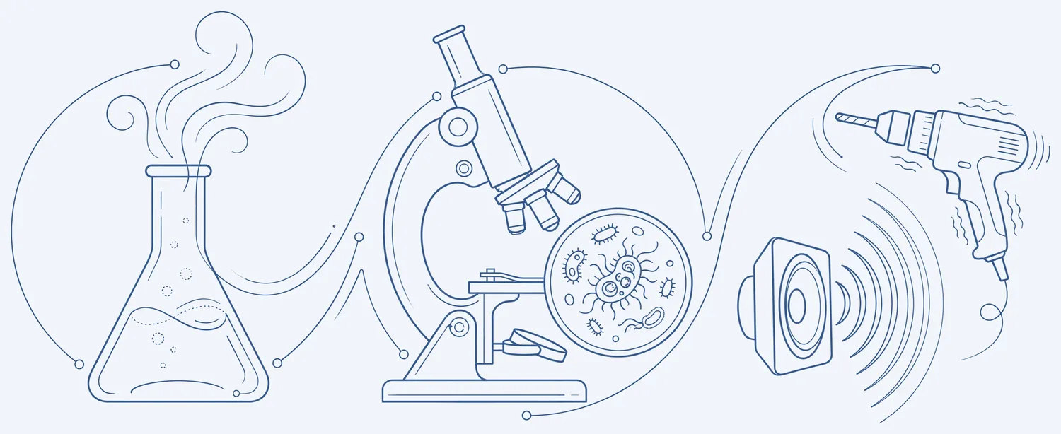 Line illustrations of chemical, biological and physical workplace hazards